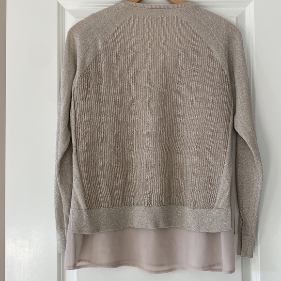 Lucky Brand Metallic Silvery Beige Sweater w Crochet Detail w MEASUREMENTS Sz S - Picture 7 of 11
